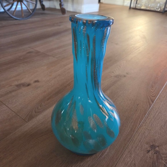 MCM Turquoise Blue Blown Glass Vase Metallic Gold Drips Art Glass - Picture 4 of 5